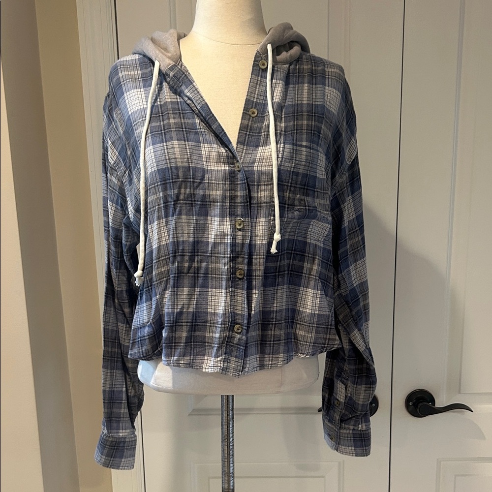 American Eagle Blue Plaid Button-Up Hoodie